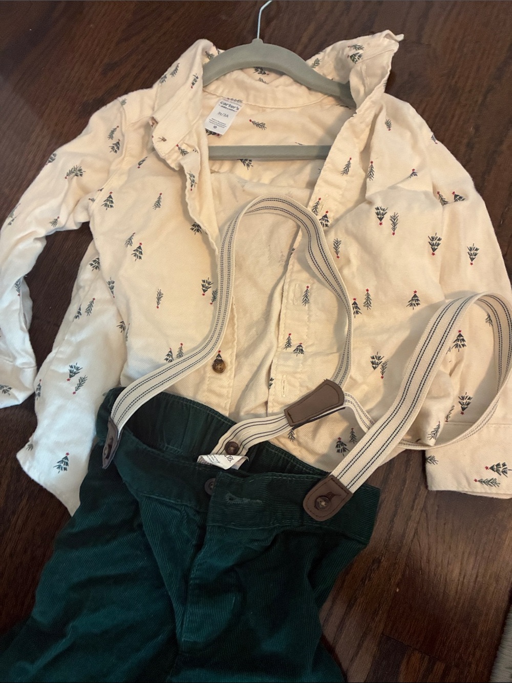 Adorable Carters 3t Beige Patterned Button-Up Shirt with Cream & Navy Suspenders
